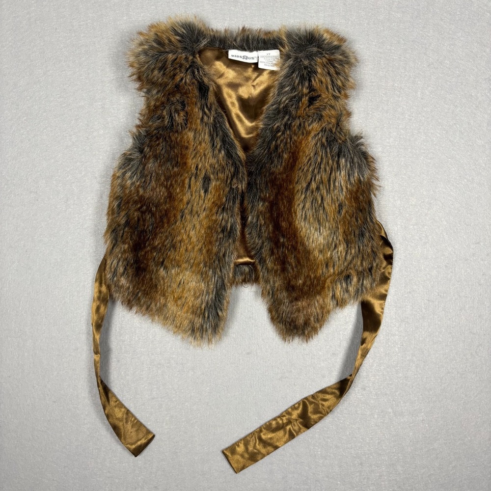 Kids R Us‎ Brown Gray Faux Fur Vest Jacket Toddler Girls Size 2T Tie Y2K